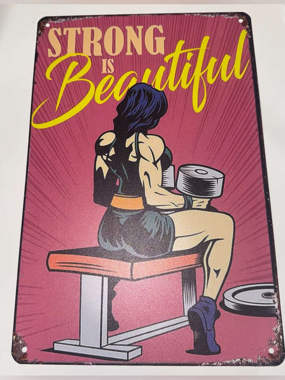 Strong Is Beautiful Wall Art Metal Sign - Pink & Yellow 8x12 inch